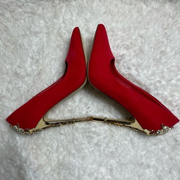 Just Fab Red faux suede slip on gold tone decorated heels pointed toe size 7.5 - Picture 3 of 11